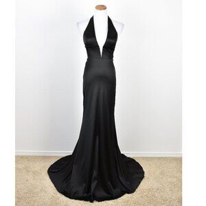 Sherri Hill Black Halter Plunge-Front Satin Prom Gown